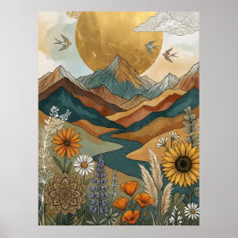 Boho Hemel Mandala Rivier Berg Zon Poster