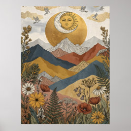 Boho Hemel Zon Maan Gezicht Berg Vogels Poster