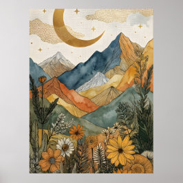 Boho Hemelgoud Maan Berg Wilde Bloem Poster