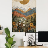 Boho Hemels Berghuis met A-frame hut Rivier Poster (Thuiskantoor)