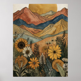 Boho Hemels Gouden Zon Berg Zonnebloem Poster