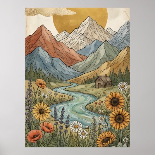 Boho Hemelse Berghut Rivier Zonnebloem Poster (Voorkant)
