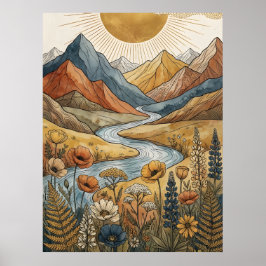 Boho Hemelse Zonnebundel Berg Rivier Lupine Poster