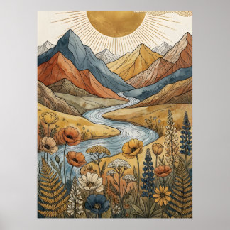 Boho Hemelse Zonnebundel Berg Rivier Lupine Poster