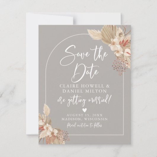 Boho Herbe de Pampas Grise Beige Save The Date (Devant)