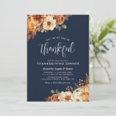 boho herfst bloem navyblauw thanksgiving diner kaart (Staand voorkant)