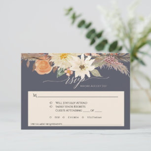 Boho herfst bloemen navyblauw pampasgras bruiloft RSVP kaartje