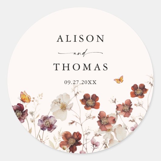 Boho Herfst Bloemen Vlinderbruiloft Ronde Sticker (Voorkant)