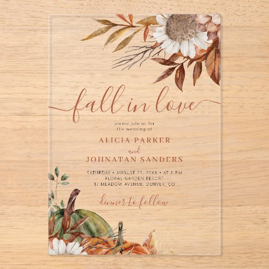 Boho herfst bloemenroest terracotta verlaat bruilo acryl uitnodigingen (Voorkant)