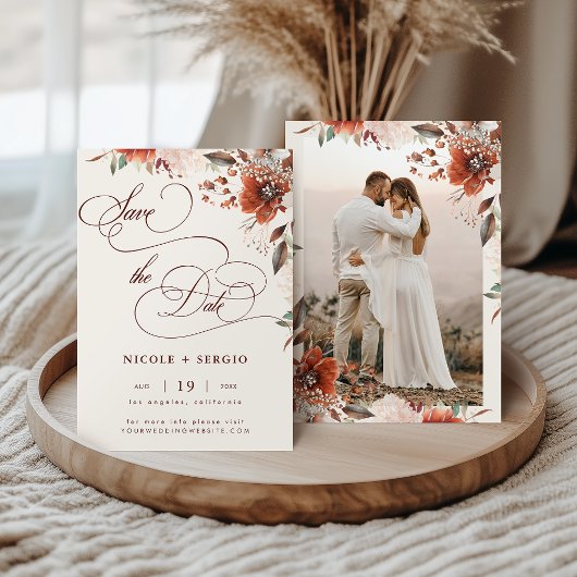 Boho-herfst bloemige elegante script & foto bruilo save the date