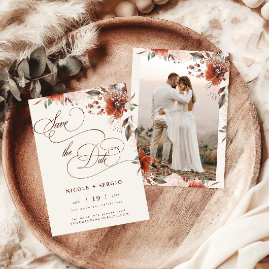 Boho-herfst bloemige elegante script & foto bruilo save the date