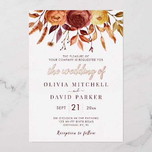 Boho-herfst bloemige rustieke bloemen gebladerte b folie uitnodiging (Voorkant)