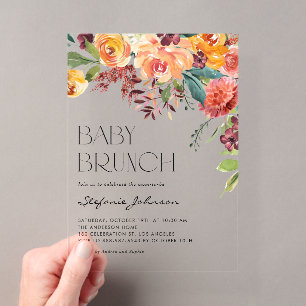 Boho herfst bloemstuk watercolor baby brunch acryl uitnodigingen