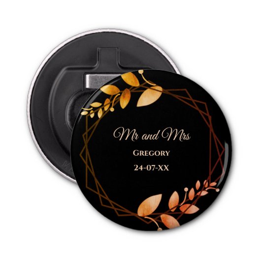 Boho herfst botanische gouden lijst bruiloft button flesopener (Voorkant)