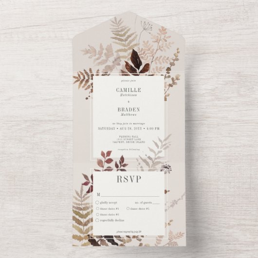Boho Herfst Brown Botanische bruiloft All In One Uitnodiging (Binnen)