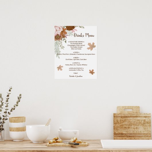 Boho Herfst Dranken Menu Trouw Bord Poster (Keuken)