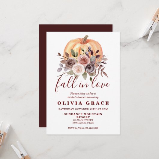 Boho herfst floral Pumpkin Bridal Shower Invitatio Kaart (Voorkant / Achterkant in situ)