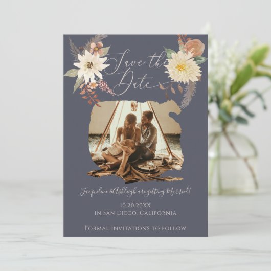 BOHO Herfst Floral Waterverf Foto modern script SA Save The Date (Staand voorkant)