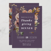 Boho herfst florale paarse Thanksgiving diner Kaart (Voorkant / Achterkant)