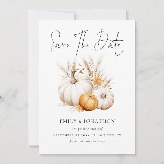 Boho Herfst Pompoenen Pampas QR Code Bruiloft Save The Date (Voorkant)