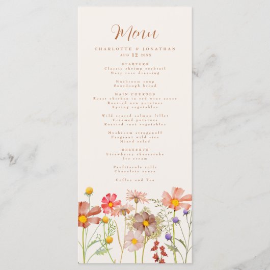 Boho Herfst rustieke bloemen bruiloft Menu (Voorkant)