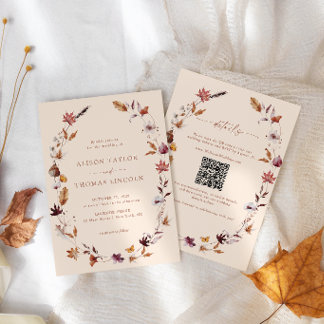 Boho-herfst terracotta bladeren krans QR-code brui Kaart