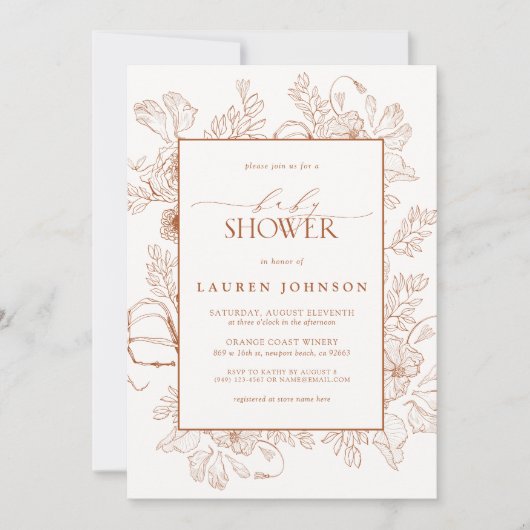 Boho Herfst Terracotta Floral Line Art Baby shower Kaart (Voorkant)