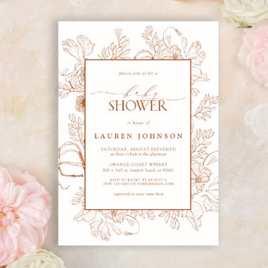 Boho Herfst Terracotta Floral Line Art Baby shower Kaart