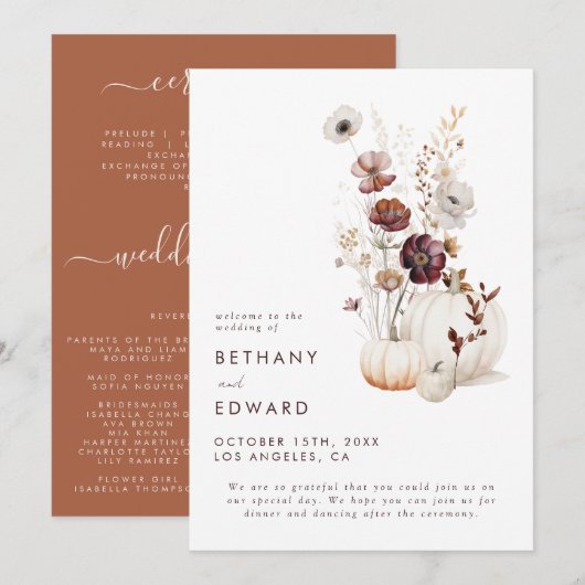 Boho Herfst Wilde Bloem Pompoen Trouwdag Programma (Voorkant / Achterkant)