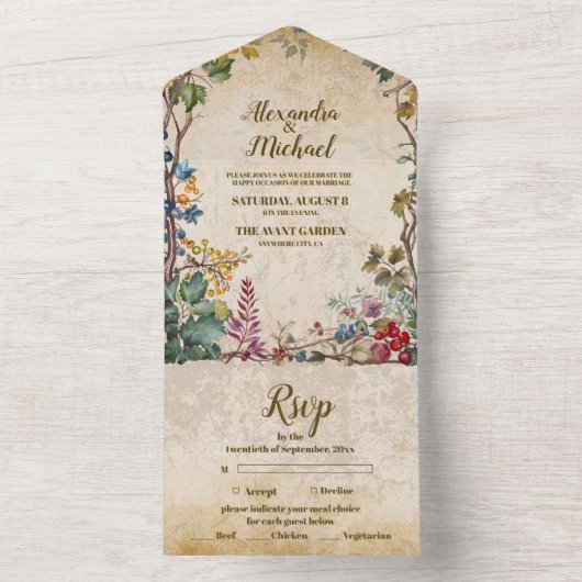 Boho herfst Wildflower Botanische bruiloft All In One Uitnodiging (Binnen)