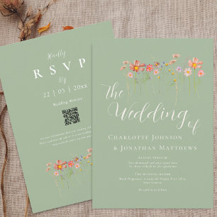 Boho Herfst Wildflower Sage Green QR Code Wedding Kaart