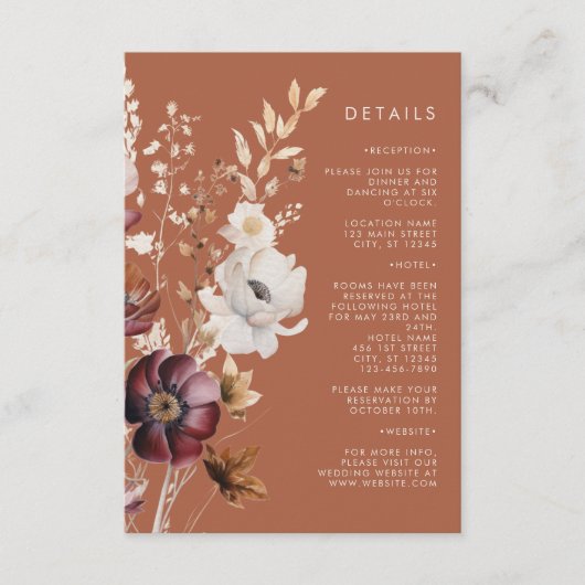 Boho Herfst Wildflower Terracotta bruiloft Informatiekaartje (Voorkant)