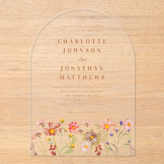 Boho herfst Wildflower Wedding Acryl Uitnodigingen (Voorkant)