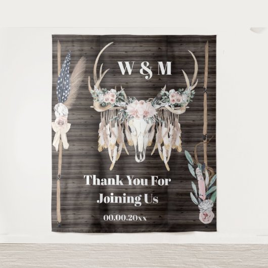 Boho herten gewei rose veer hout roestige country wandkleed (Voorkant)