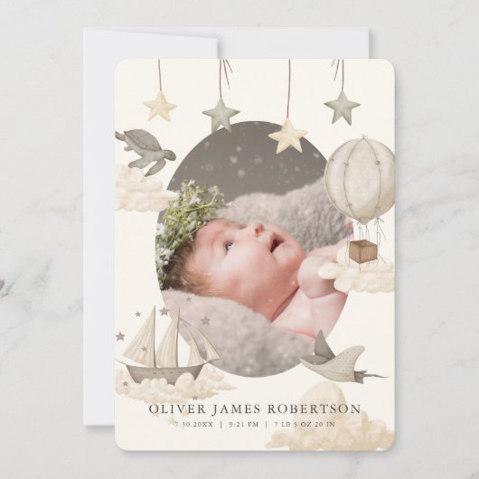 Boho Hete Luchtballon Sky Geboorte Aankondiging (Voorkant)