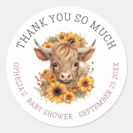 Boho Highland Koe Dank u Baby shower Ronde Sticker