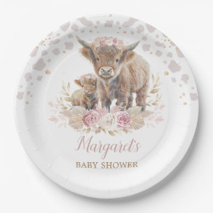 Boho Highland Koe Floral Pampas Grass Baby Girl Papieren Bordje