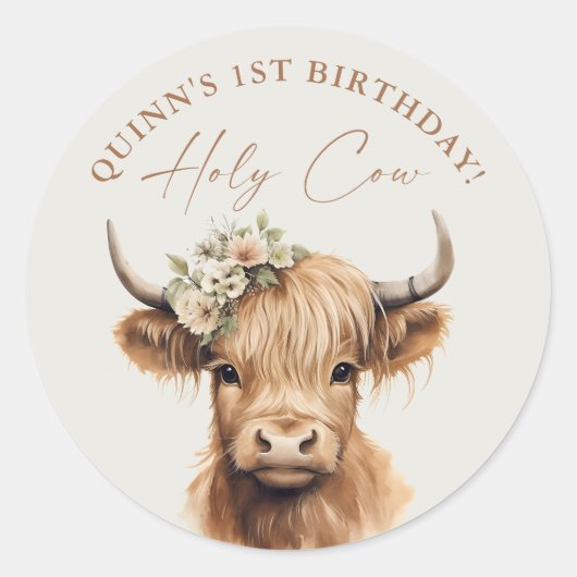 Boho Highland Koe Kids Verjaardagsfeest Ronde Sticker (Voorkant)