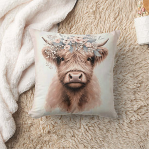 Boho Highland Koe met bloemenkroon Kussen