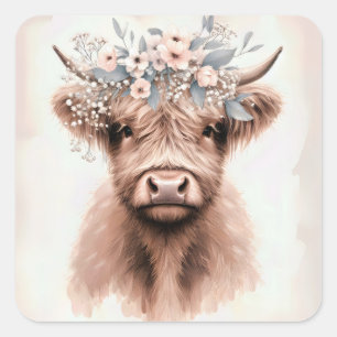 Boho Highland Koe met bloemenkroon voor bruid Vierkante Sticker