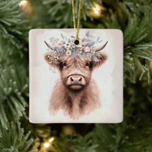 Boho Highland Koe met Bruidsbloemenkrans Keramisch Ornament
