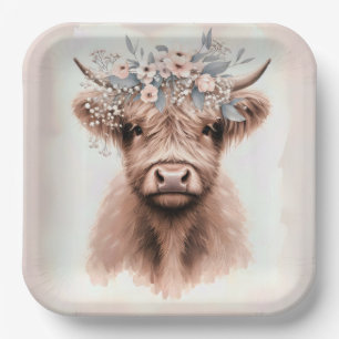 Boho Highland Koe met bruidsbloemkroon Papieren Bordje