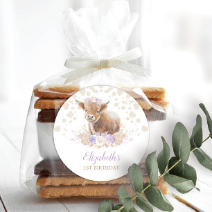 Boho Highland Koe Paarse Rozen Bloemen 1e Verjaard Ronde Sticker