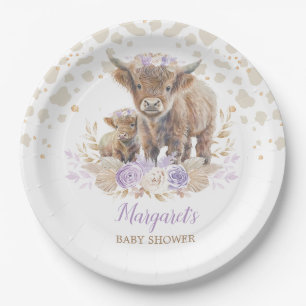 Boho Highland Koe Paarse Rozen Bloemen Baby Meisje Papieren Bordje