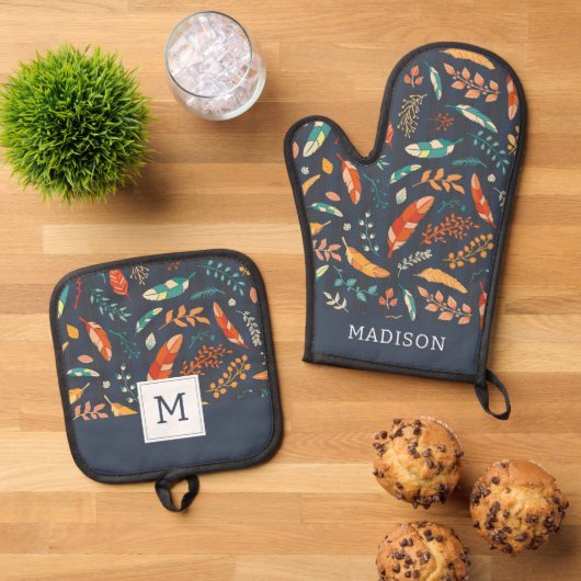 Boho Hippie Feather Pattern Ovenwant & Pannenlap Set (Top down)