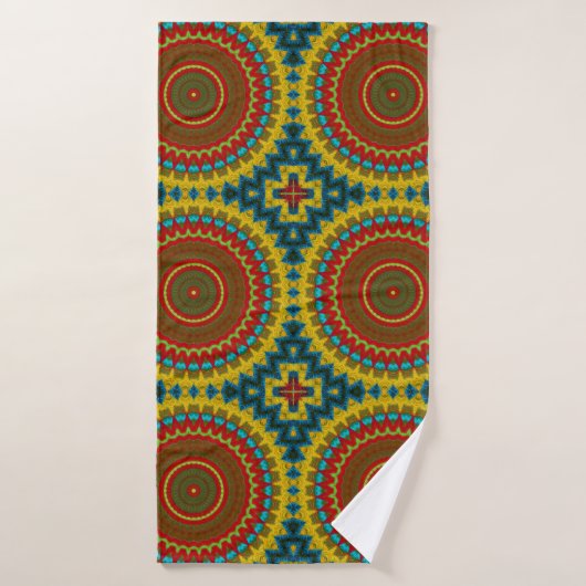 Boho Hippie Rouge Jaune Bleu Vintage Tribal Ethnie (Serviette de bain)