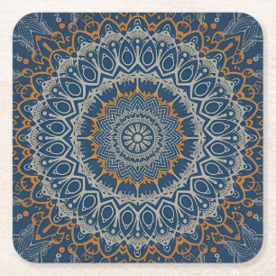 Boho Hippie Tibetaanse Stijl Intricate Blauwe Mand Vierkante Kartonnen Onderzetter