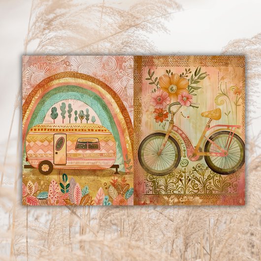 Boho Hippie Waterverf Camper Bike Junk Journal Tissuepapier