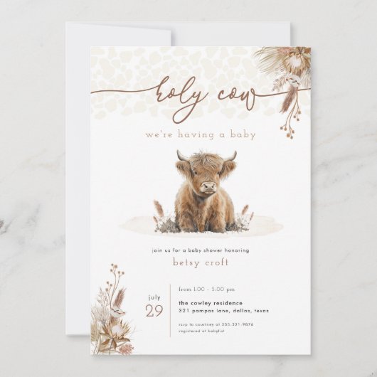 Boho Holy Cow Highland Cow Baby shower Invitation (Devant)