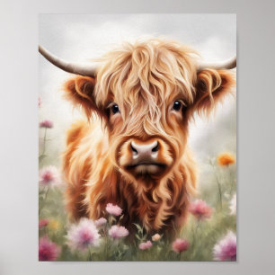 Boho hoogland koe kunst print, hoogland koe decor poster